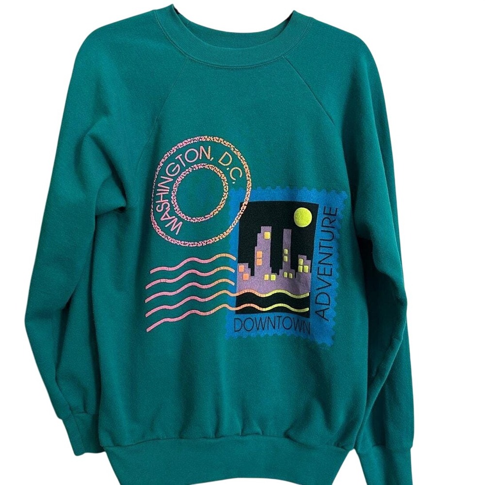 Vintage 80s‎ Signal Mega Fleece Washington DC Downtown Graphic Sweatshirt Teal L